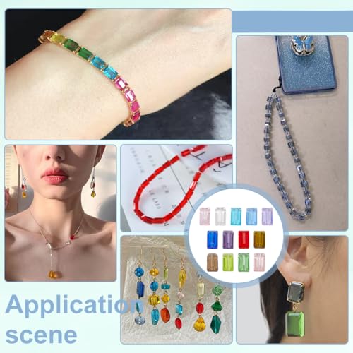 PH PandaHall 52pcs 13 Colors Faceted Glass Beads - Flat Rectangle Crystal Spacer Beads for DIY Jewelry Making, 14x8 mm
