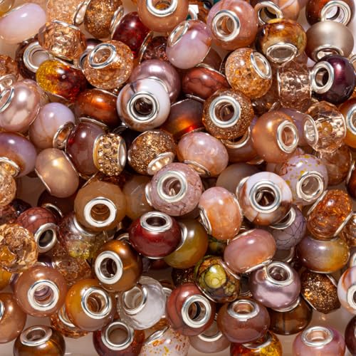 ZHIYUXI 100PCS Brown European Large Hole Assorted Beads Bulk for Jewelry Making Big Hole Spacer Lampwork Murano Beads for Charms Bracelet Making Necklace Pens DIY Craft - color: G-Brown Mix