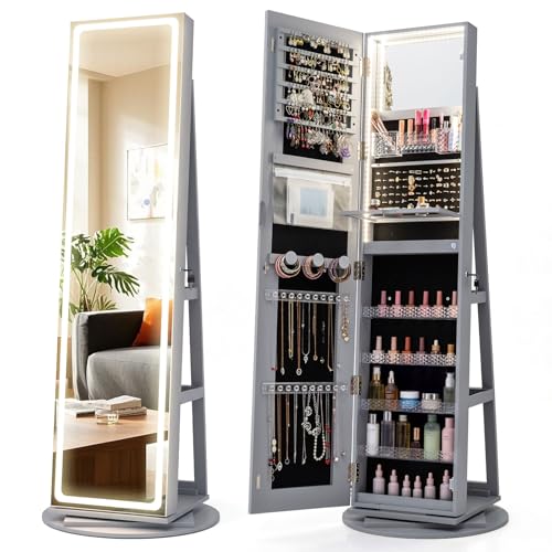 CHARMAID 360° Rotating Jewelry Armoire with LED Lighted Full Length Mirror & Built-in Vanity Mirror, Lockable Standing Jewelry Cabinet with Lights, Large Storage Organizer for Jewelry (Gray) - color: Gray, size: 63"H