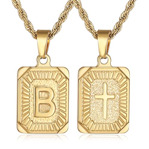 SKQIR initial Letter Necklaces for Men,Stainless Steel Plated A Z Square Pandent Letter Necklace for Women,Cross Necklace with Letter Chain Pendant for Boys Stocking Stuffers Christmas New Year Gifts for Men Women - color: Gold, style: Cross B