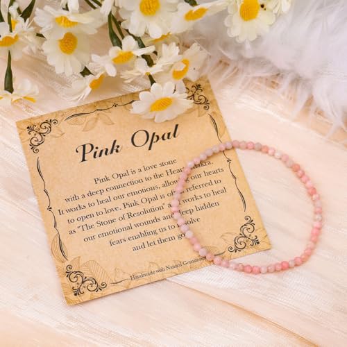 BONNY BOXX Natural Genuine Gemstone Faceted Round Beads Bracelets, 3mm Adjustable Stretchy Tiny Faceted Black Tourmaline Bracelet, Healing Crystal Reiki Chakra Dainty Jewelry Fashion Gifts - color: Pink Opal