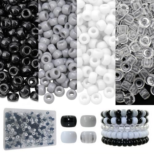 Looconi 500pcs Black White Transparent and Gray Pony Beads, Bulk with Storage Box for Hair Crafts DIY Party Decoration 6 x 9 mm - color: 4Colors