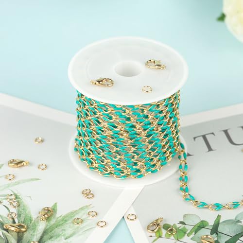 YOUBEIYEE 6.6 Feet Gold Plated Brass Chain on Spool Green Enamel Cable Chain Necklace DIY Jewelry Chains Bulk with Jump Rings and Lobster Clasps - color: Green