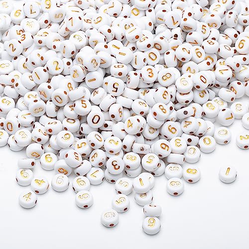 1000pcs Acrylic Number Beads 0-9 Round 4x7mm Mixed for Jewelry Making and DIY Bracelets, Necklaces, Key Chains (White/Gold) - color: White-Gold