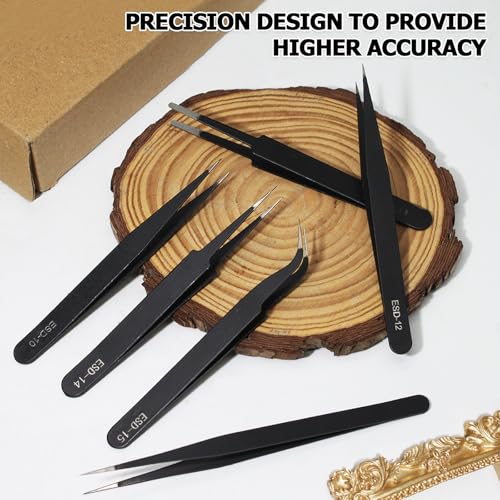 Bonsicoky 6 PCS Precision ESD Tweezers Set - Anti-Static Stainless Steel Tools Kit for Electronics, Jewelry Repair, Soldering, and Crafting Projects - color: 6 Pcs