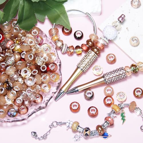 100 Pieces Large Hole Beads Spacer Bead Champagne Assorted European Craft Big Beads Large Hole Lampwork Murano Fairy Wand Garden Bead for DIY Pens Bracelet Necklace Keychain Jewelry Making Supplies - color: Champagne, size: 100 Pcs