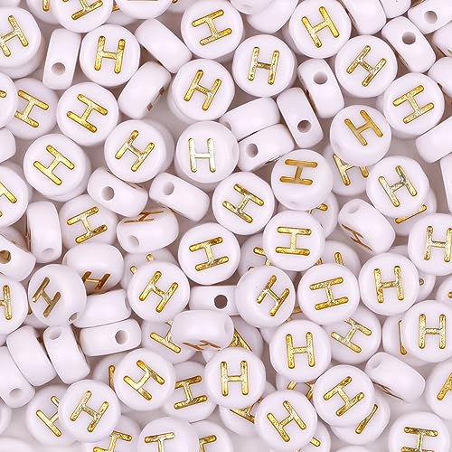 300Pcs Letter Beads H 4X7mm Gold Alphabet Beads Acrylic Round Shape Loose Beads for Name Bracelets Necklaces Key Chains DIY Jewelry Making (H) - color: Gold, size: H