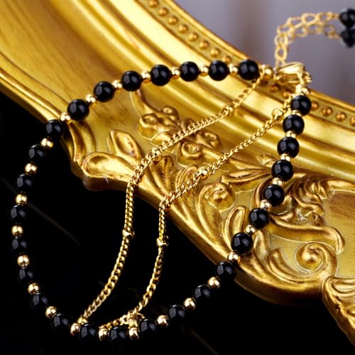 Peridot Stand Silver Gold Bracelets, Handmade Birthstone Stack Bracelet Crystal Gemstones Bead Chain Gift for Women, 8" - color: Black Agate