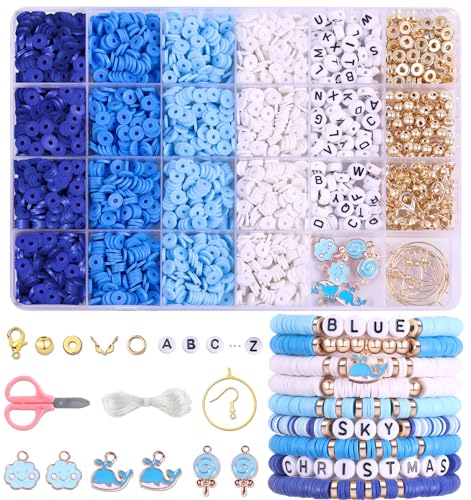 Wuollgess 3500 PCS Valentines Blue Clay Beads for Bracelet Making Kit, Polymer Heishi Beads for Jewelry Making Friendship Bracelet Kit for Adults, Spacer Letter Beads for Necklace Earring DIY - color: Blue