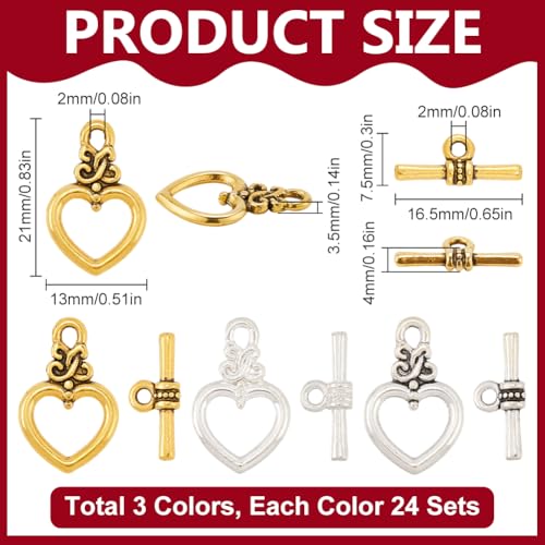 SUNNYCLUE 1 Box 3 Colors 72 Sets Heart Toggle Clasp Toggle Jewelry Clasps Alloy Antique Golden Silver Bar and Ring t-Bar Clasp Connector for Jewelry Making DIY Necklace Brcalet Women Accessories - style: Style 4