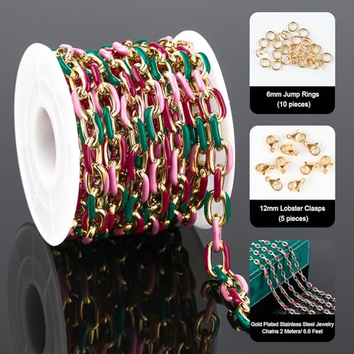 UMAOKANG 2 Meters Colorful Enamel Chain for Jewelry Making Gold Plated Stainless Steel Paperclip Jewelry Chain Roll with Jewelry Findings - color: Pink Green Mixed