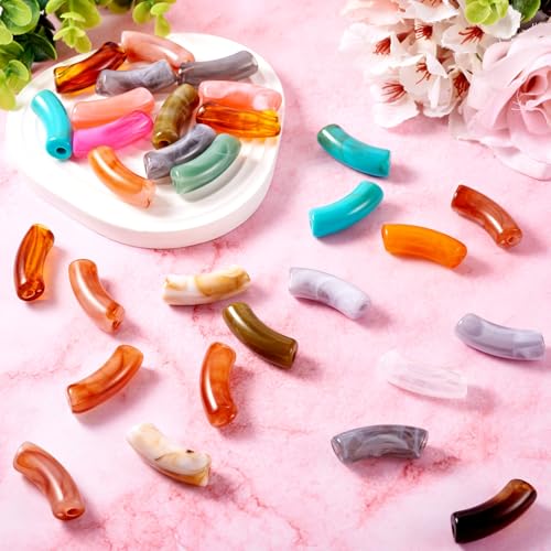 Spritewelry 30 pcs Acrylic Curved Tube Beads Two Tone Chunky Bangle Bamboo Tube Beads Imitation Gemstone Curved Bracelet Beads for Jewelry Making DIY Crafts - color: Orange-Opaque