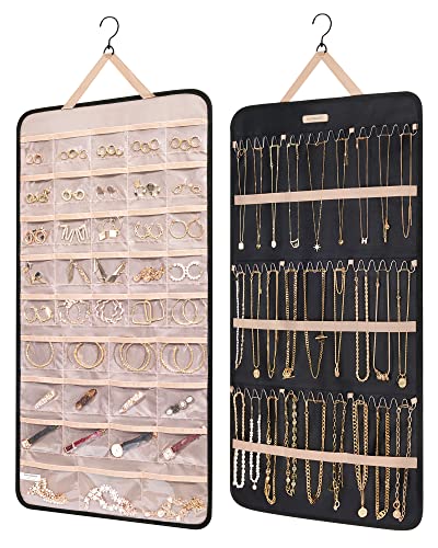 BAGSMART Hanging Jewelry Organizer Storage Roll with Hanger Metal Hooks Double-Sided Jewelry Holder for Earrings, Necklaces, Rings on Closet, Wall, Door, 1 piece, Extra Large, Black - color: Black, size: X-Large