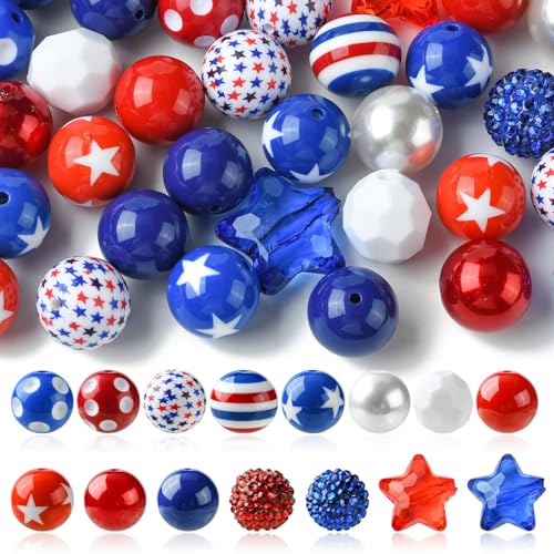 DanLingJewelry 50Pcs Random 20mm Acrylic Round Beads Independence Day Acrylic Beads Red White Blue Spacer Beads for Crafts Jewelry Making - color: 50pcs - Independence Day
