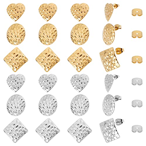 SUNNYCLUE 1 Box 12 Pairs 3 Styles Stainless Steel Stud Earring Geometric Flat Round Heart Square Earring Findings with Hole for Women Adults DIY Jewelry Making - color: 12 Pairs Mixed Color Stud Earring Findings
