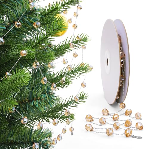 Christmas Garland, 9.8Ft Crystal Glass Beads Strands, 100pcs 10mm Faceted Waterdrop Glass Beads Hanging Ornament for Christmas Tree Centerpieces Wedding Party Decorations (Gold) - color: Gold