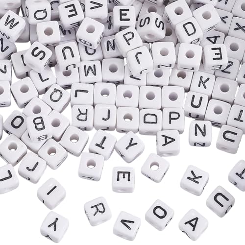 1 Box 10MM 208PCS 26 Styles Square Acrylic Alphabet Bead with Large Hole A to Z White Cube Shaped Loose Spacer Beads Bulk for Jewelry Making Christmas Holiday Party Gift Adult DIY Craft