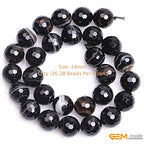 GEM-Inside 14mm Round Faceted Banded Black Agate Onyx Beads Strand 15 Inches