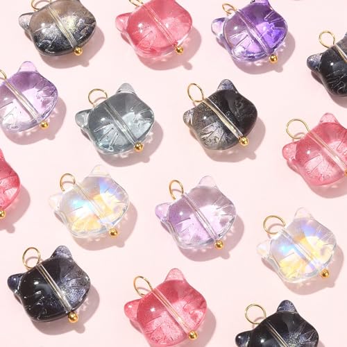 Ipotkitt 100 Pcs 5 Colors Glass Cat Head Charms Colorful Crystal Animal Head Kitten Cute Pet Charms with Golden Tone Brass Loops for Jewelry Making - color: 100pcs-Glass Cat Head Charms