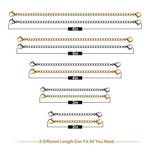 Necklace Extenders, 10Pcs Stainless Steel Gold Silver Necklace Bracelet Anklet Extension Chains with Lobster Clasps and Closures for Jewelry Making - color: Gold Silver