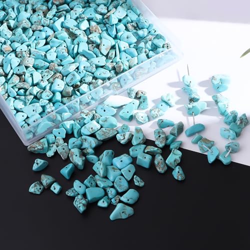400pcs Natural Chip Stone Beads Blue Turquoise 5-8mm Irregular Gemstones Healing Crystal Drilled DIY Loose Rocks Bead Crystal for Bracelet Necklace Jewelry Making Crafting - color: Blue Turquoise