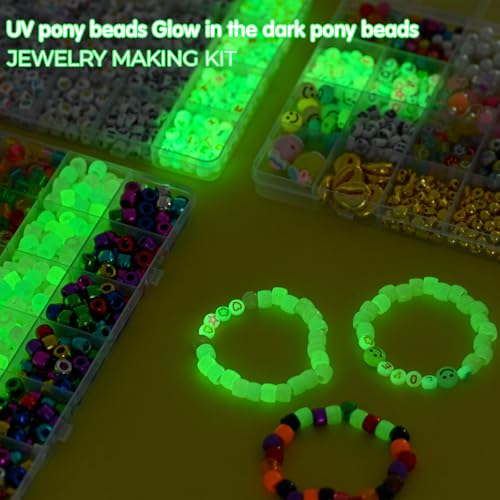 SJZWSD Friendship Bracelet Making Kit– 6 Boxes of Pony, Seed, Clay & Letter Beads, UV Glow in The Dark Beads, Tools & Charms – Jewelry Craft Kit for Kids & Adults - color: GlowMuse