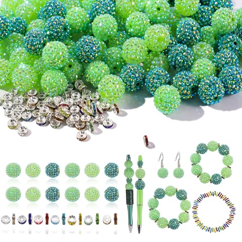 20mm Beads for Pens - 20 Pcs Rhinestone Beads and 220 Pcs Spacer Bead for Beadable Pens - Glitter Acrylic Bubblegum Round Bling Focal Bead for Bracelets - Beaded Pen Supplies (Green) - color: Mix Green, size: 20mm