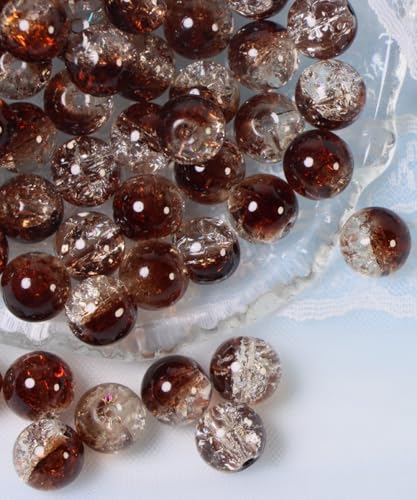 100Pcs 10mm Crackle Glass Beads for Jewelry Making - Round Spacer Crystal Beads Bulk, DIY Craft Supplies for Necklace Bracelet Earrings (Brown Transparent) - color: Brown Transparent