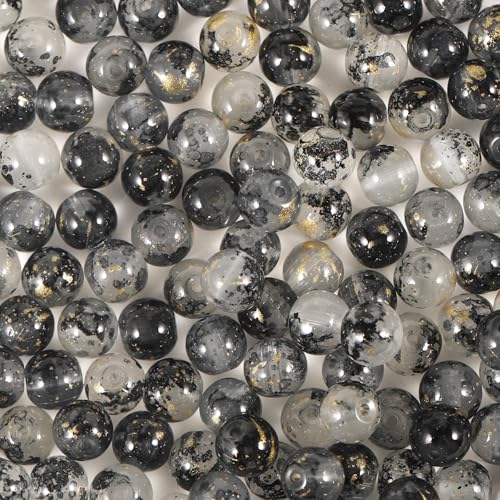 200Pcs Glass Round Beads 8mm Transparent Ink Wash Dye Sprinkled Gold Scattered Beads Handmade DIY Bead Material Bracelet Accessories (Black) - color: Black