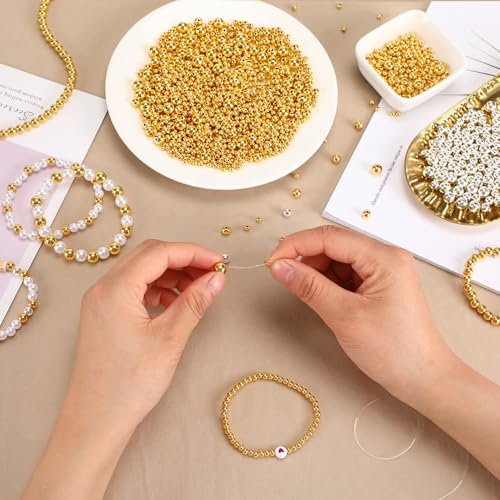1200Pcs Gold Round Spacer Beads Smooth Loose Ball Beads for Bracelet Craft, 4mm, 6mm, 8mm - color: Gold, size: 4mm,6mm,8mm