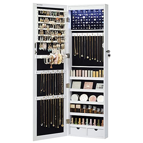 SONGMICS 6 LEDs Mirror Jewelry Cabinet, 47.2-Inch Tall Lockable Wall or Door Mounted Jewelry Armoire Organizer with Mirror, 2 Drawers, 3.9 x 14.6 x 47.2 Inches, White UJJC93W - color: White