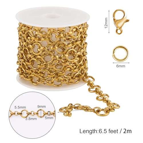 SMYHTGLIF 6.5 Feet Unwelded Round Circle Bulk Rolo Chain for Jewelry Making Gold Plated Stainless Steel Jewelry Making Chain Supplies with Lobster Clasps and Open Jump Rings - color: Circle Gold