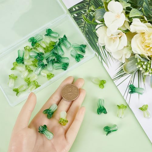 SUNNYCLUE 1 Box 40Pcs Lampwork Glass Beads Fengshui Chinese Cabbage Green Vegetable Handmade Lampwork Charms Bulk Fortune Wealth New Year Good Luck Loose Spacer Beads for Jewelry Making Kits