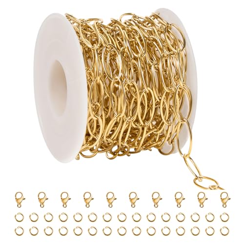 SMYHTGLIF 16.4 Feet Gold Round Wire Paperclip Jewelry Making Chains Roll Stainless Steel Chain Bulk for Jewelry Making - color: Ellipse Gold