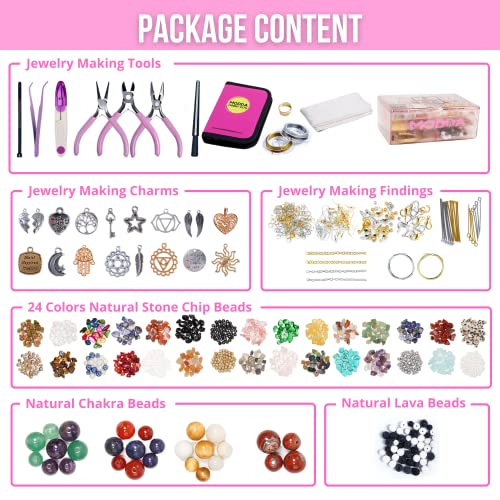 MODDA Natural Stone Jewelry Making Kit for Adults, Women. Includes Video Course, Crystal, Lava, Chakra Beads, Necklace, Bracelet, Earrings, Ring Supplies for Adults - color: Deluxe Natural Stone Jewelry Making Kit