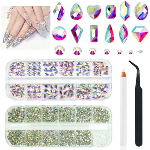 qiipii 4080Pcs Crystal AB Nail Rhinestones 1.5-4mm More Quantity Glass Iridescent Flatback Gems for Nails Round Beads Stones Diamonds jewels Nail Art Charms for Nails Face Eyes Makeup Tumblers Crafts - color: Crystal AB, size: A Set