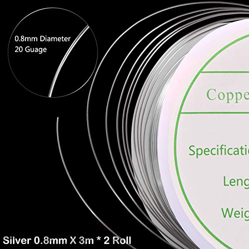 MIKIMIQI 2 Pack Jewelry Wire - 20 Gauge Tarnish Resistant Copper Beading Wire for Jewelry Making, 0.8mm X 3m Each (Silver) - color: Silver
