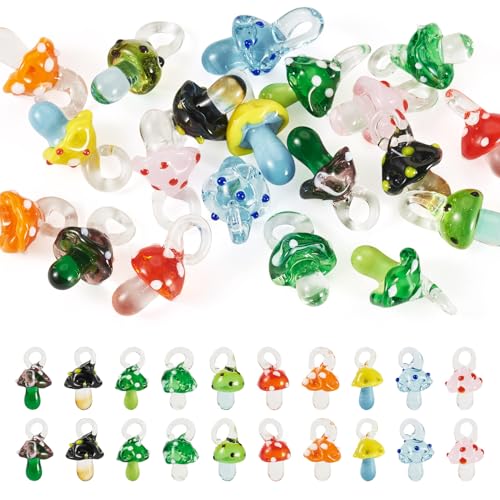 FASHEWELRY 20 Pcs Handmade Mushroom Lampwork Pendants Cute Colorful Mushroom Dangle Charms Bumpy Lampwork Glass Beads Charms for DIY Craft Bracelet Necklace Jewelry Making - color: Colorful-Mushroom
