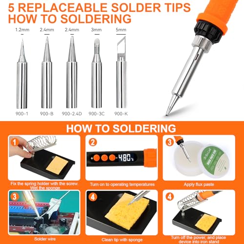 90W Soldering Iron Heat Set Insert Tool, LED Digital Solder Iron Adjustable Temperature(180°C-480°C) with 250Pcs Threaded Inserts Brass Nuts,Soldering Iron Tips,Heat Set Insert Tips,Desoldering Pump - color: 32-in-1 Soldering Iron Kit