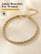 U7 Women Girls Barefoot Jewelry 18K Gold or Rose Gold Stainless Steel Heart/Rope/Figaro/Cuban Chain Anklet Foot Bracelet, 25-30 CM Long - color: Gold Plated-3mm-Rope Chain