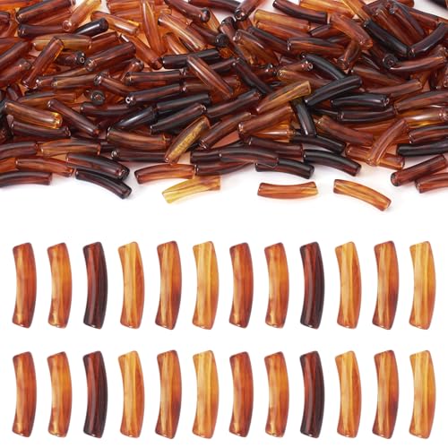 200 pcs Acrylic Tube Beads for Bracelets Amber Bangle Acrylic Beads Two Tone Curved Chunky Bamboo Tube Bead for Jewelry Making Earring Crafts - color: Brown-200pcs
