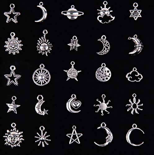 Mixed Moon and Star Charms Pendants Necklace Earrings Bracelet Charms DIY for Crafting, Jewelry Making Accessory - color: Silver 50pcs