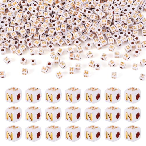FASHEWELRY 500Pcs White Golden Letter Beads 4.5mm Square Alphabet Beads Acrylic Cube Letter N Beads for Friendship Bracelet Necklace Keychains Jewelry Making - color: Letter N