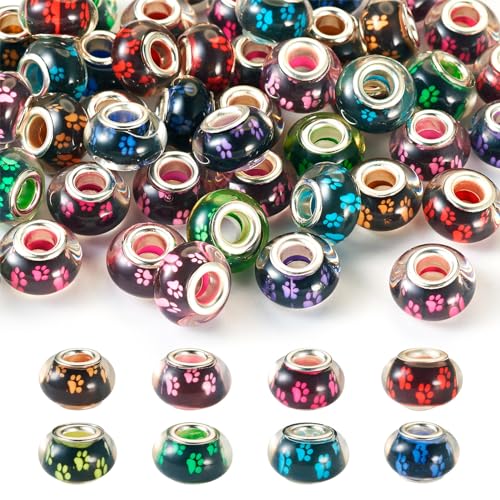 Cheriswelry 50Pcs Large Hole European Rondelle Beads Dog Paw Prints Resin Beads Spacer Slide Charms Bead 14x9mm for DIY Bracelet Necklace Earring Jewelry Making - color: Rondelle-Paw Print