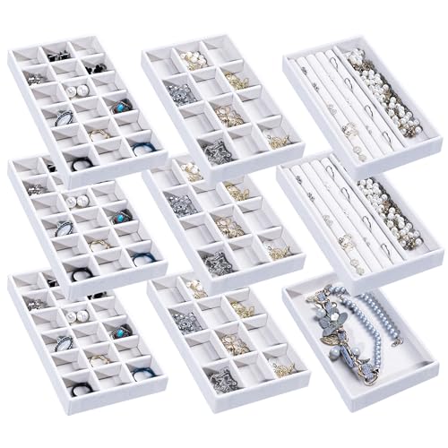 Frebeauty Jewelry Organizer Tray,Stackable Velvet Jewelry Trays,Drawer Inserts Earring Organizer For Women Jewelry Storage Display Case for Rings Stud Necklaces,8.3 x 4.9 x 1 Inches (White) - color: White, size: Set 9
