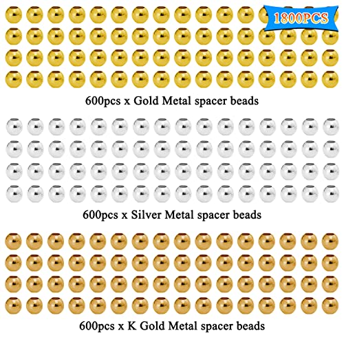 1800Pcs Metal Spacer Beads for Jewelry Making - 3.2mm Metallic Plated Round, Seamless Loose Connector Beads for Earring, Necklace, Bracelet (Gold, Silver, K Gold) - color: 3.2mm, Gold Silver K Gold