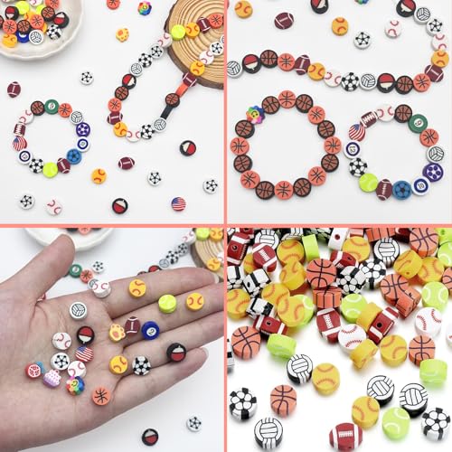 650pcs Sports Polymer Clay Beads Bracelet Making Kit, Gold Beads Clay Bead Charms, Baseball Football Basketball Soccer Volleyball, Clay Bead Charms for Jewelry Making, Necklace, Earring - color: Sports balls