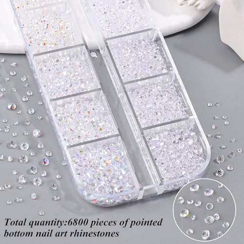 6800Pcs White AB Resin Rhinestones, 1.5mm 2mm 3mm Pointed Bottom Crystals Stones Diamonds Nail Gems Bedazzler Kit with Pickup Tools for Nails Face Eyes Makeup Tumblers Crafts (25-K1-pointed-white) - color: 25-K1-pointed-white