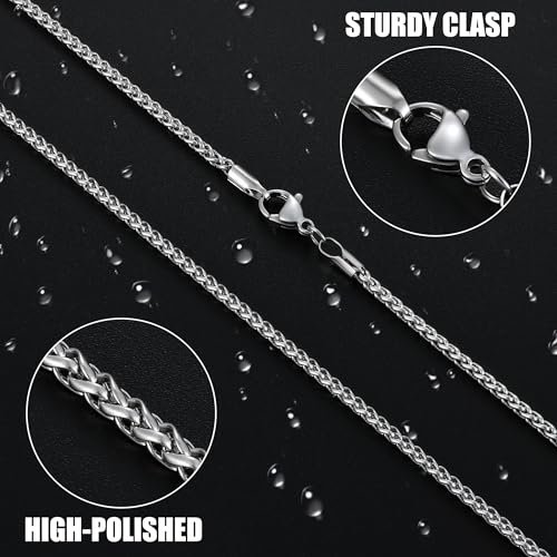 Fiusem Black Wheat Chains for Men and Women, 2/2.5/3/4/5mm Stainless Steel Necklace Chain, Mens Necklace Jewelry Gift 16-28 Inch - size: 18 Inches, style: Silver 2.1MM
