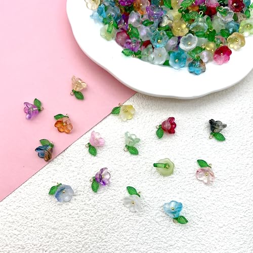 50pcs Glass Pendant Charms - Multicolor Theme Drops for Necklace Craft, Jewelry Making Supplies (Various Styles) - style: Lily Flower 2#